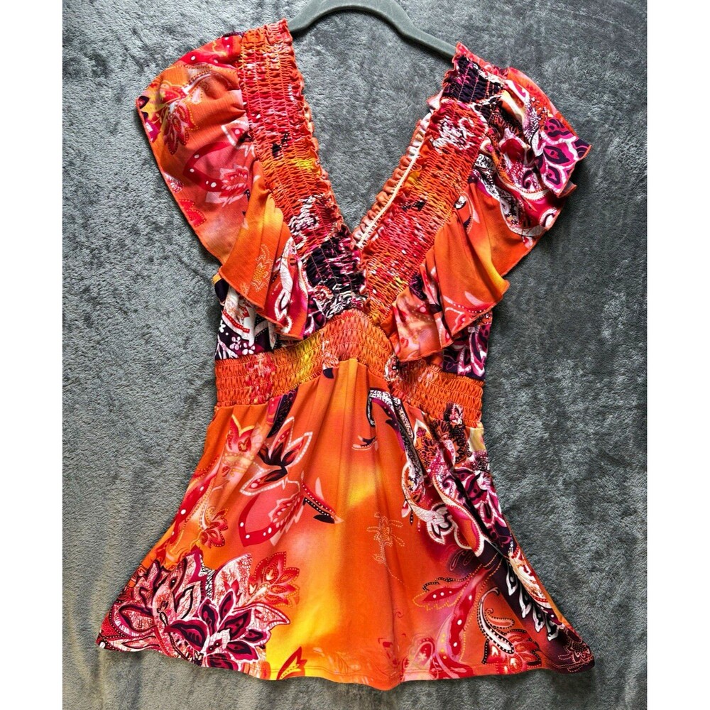 Heart Soul Women’s 1X Plus Orange Paisley V-Neck Smocked Ruffle Tunic Blouse